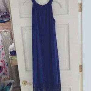 2-layered cobalt blue fringed halter party dress